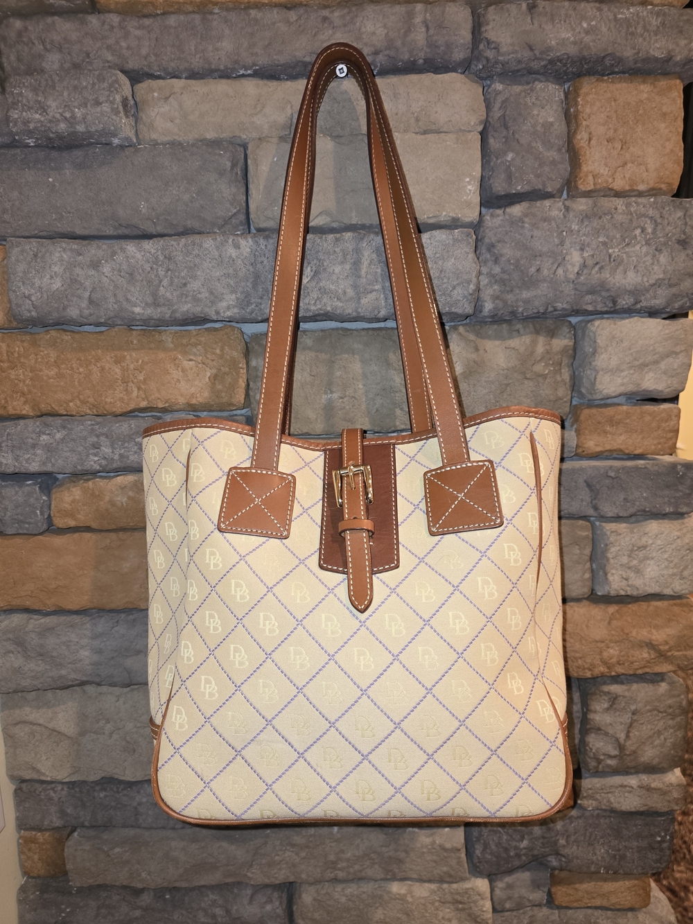 DOONEY & BOURKE Cream Yellow Canvas Purple Stitching Monogram Tote Shoulder Bag*